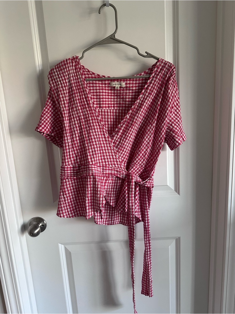Max Studio Red Gingham Wrap Blouse